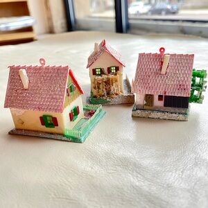 Vintage Miniature Houses Holiday Winter Scene Set 3 Water Wheel Mill Glitter